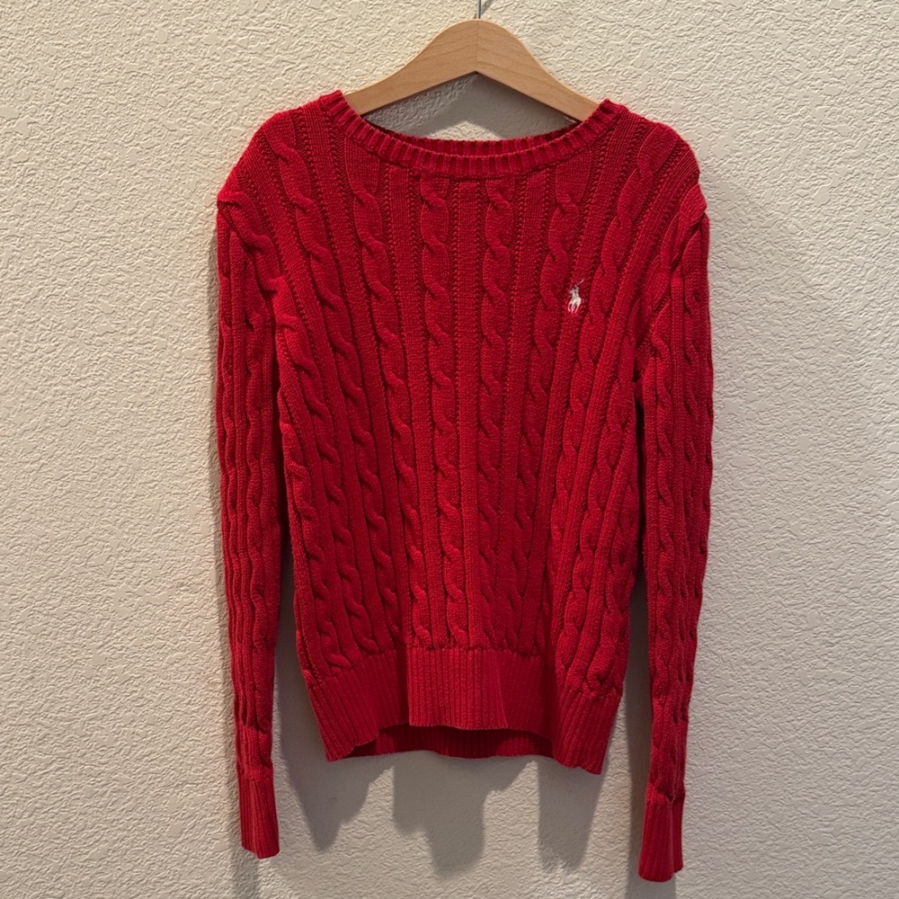 Polo by Ralph Lauren Vibrant Red Cable Knit Sweater 100% Cotton, Size 8-10 Youth